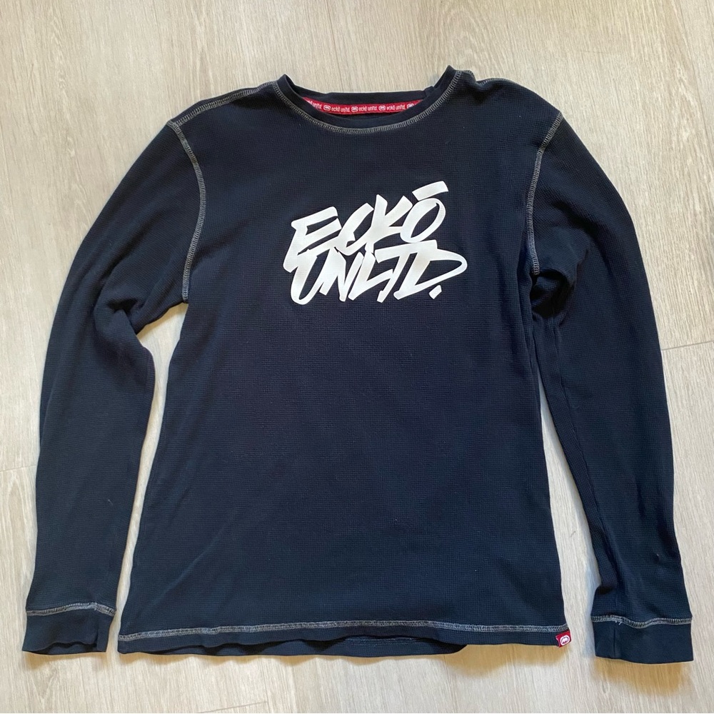 Ecko Unltd Unlimited vintage y2k Black Long Sleeve Shirt waffle knit street wear